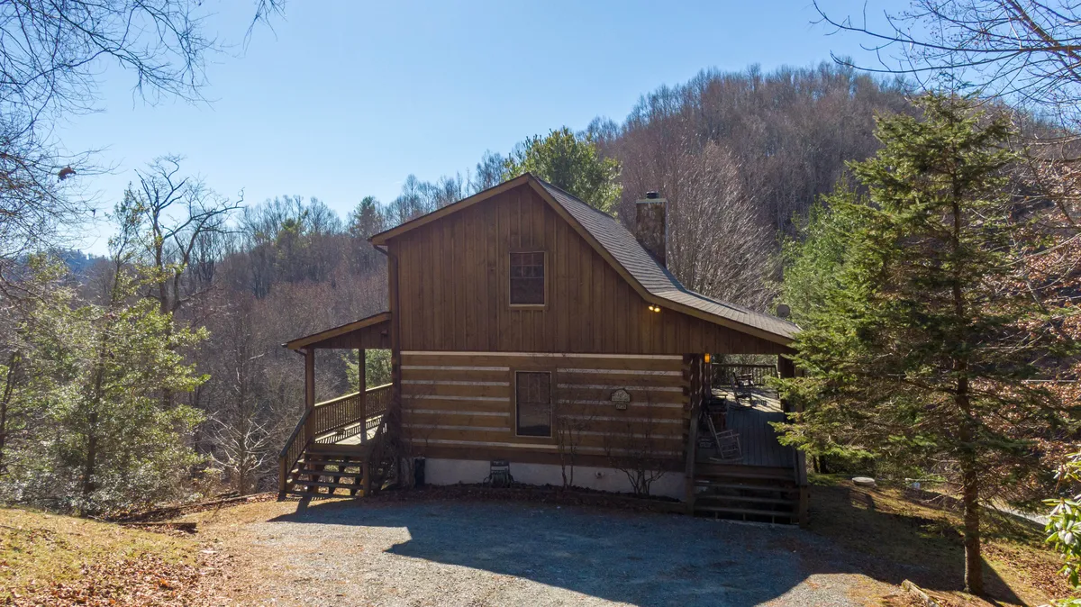 This image shows the cabin amidst towering trees with a mountain backdrop, highlighting its integration with nature. The lush landscape and rustic architecture evoke a sense of exploration and connection to the outdoors.