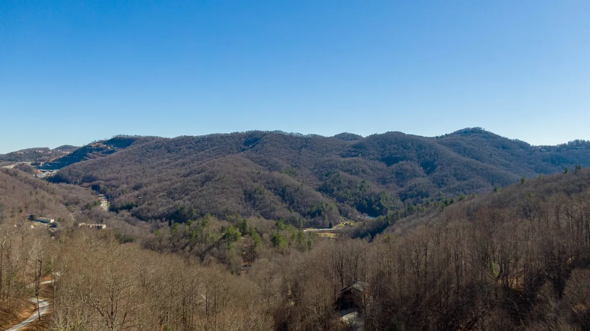 A breathtaking view of rolling mountains under a clear blue sky, with bare trees in the foreground evoking wilderness and tranquility. The scenery hints at endless opportunities for hiking, outdoor adventure, and relaxation amid nature.